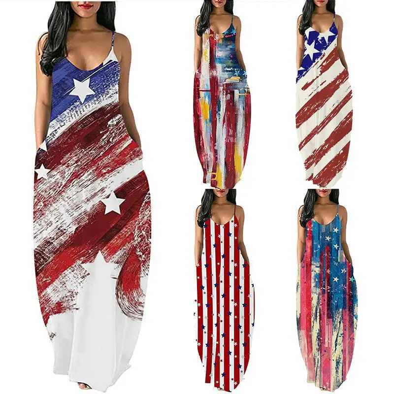

Summer Sexy Women Beach Dress Star Stripes Print Casual Long Dresses Ladies Suspender V-neck Casual Vacation Sleeveless Sundress