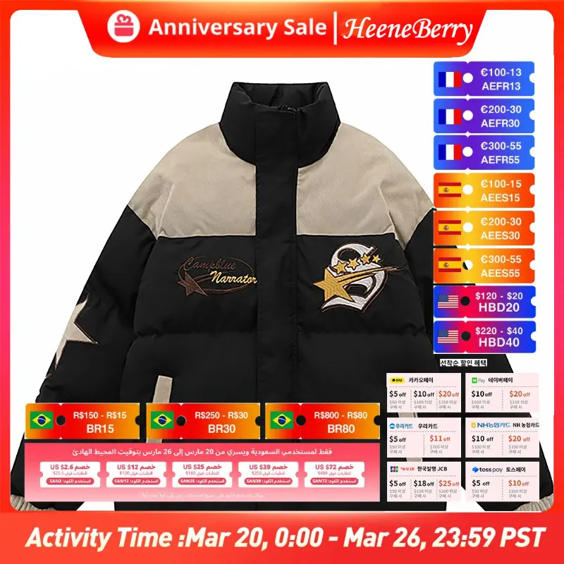 

HeeneBerry Jacket Parka Streetwear Retro Patchwork Corduroy Star Embroidery Harajuku Padded Winter Cotton Windbreaker Warm Thick