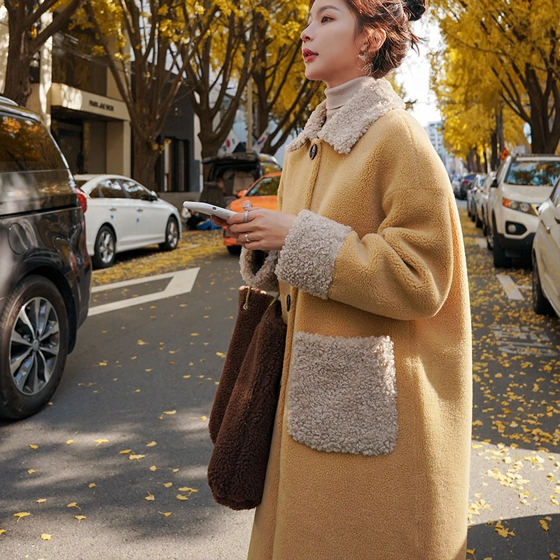 

Autumn and Winter Girl Style Thickened Women's Cotton Dress Imitation Cashmere Coat Lapel Long Sleeved Medium Long Plush Coat