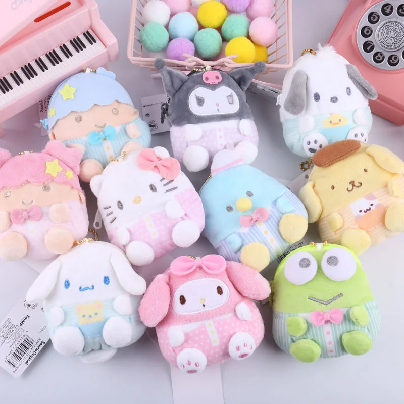 

10cm Kawaii Sanrio Plush Bag Kuromi Melody Cinnamoroll Purin Dog Hellokitty Plush Coin Purse Earphone Bag Pendant Kids Gift Toy