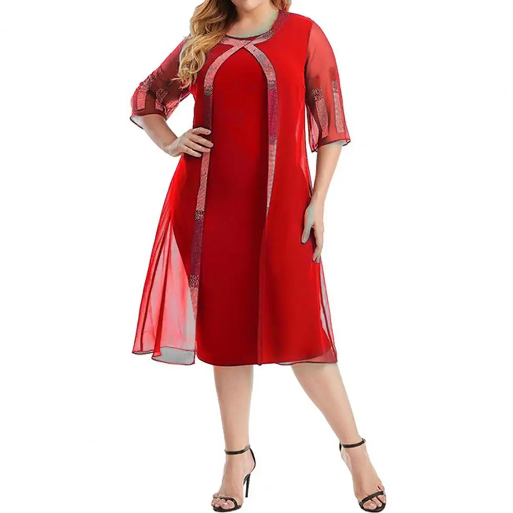 

Женское шифоновое платье с круглым вырезом, полурукавом и имитацией двух предметов