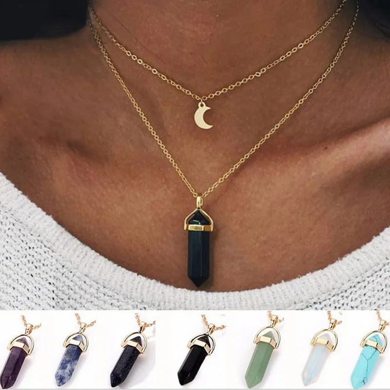 

Natural Stone Gemstone Pointed Hexagonal Pendant Layered Crystal Moon Necklace Gold Metal Chain Choker Jewelry for women Girl