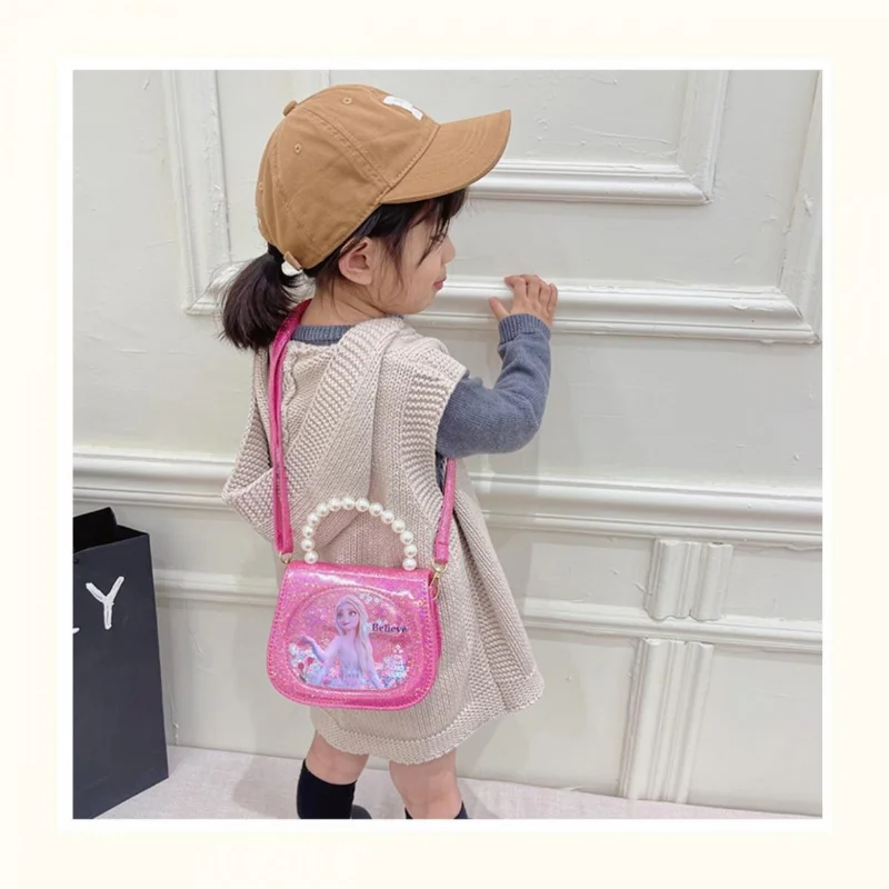 Disney Shoulder Bag for Girls Frozen Princess Elsa Cartoon Crossbody Bag with Pearl Kids 3-6 Years Old Waterproof Portable Tote