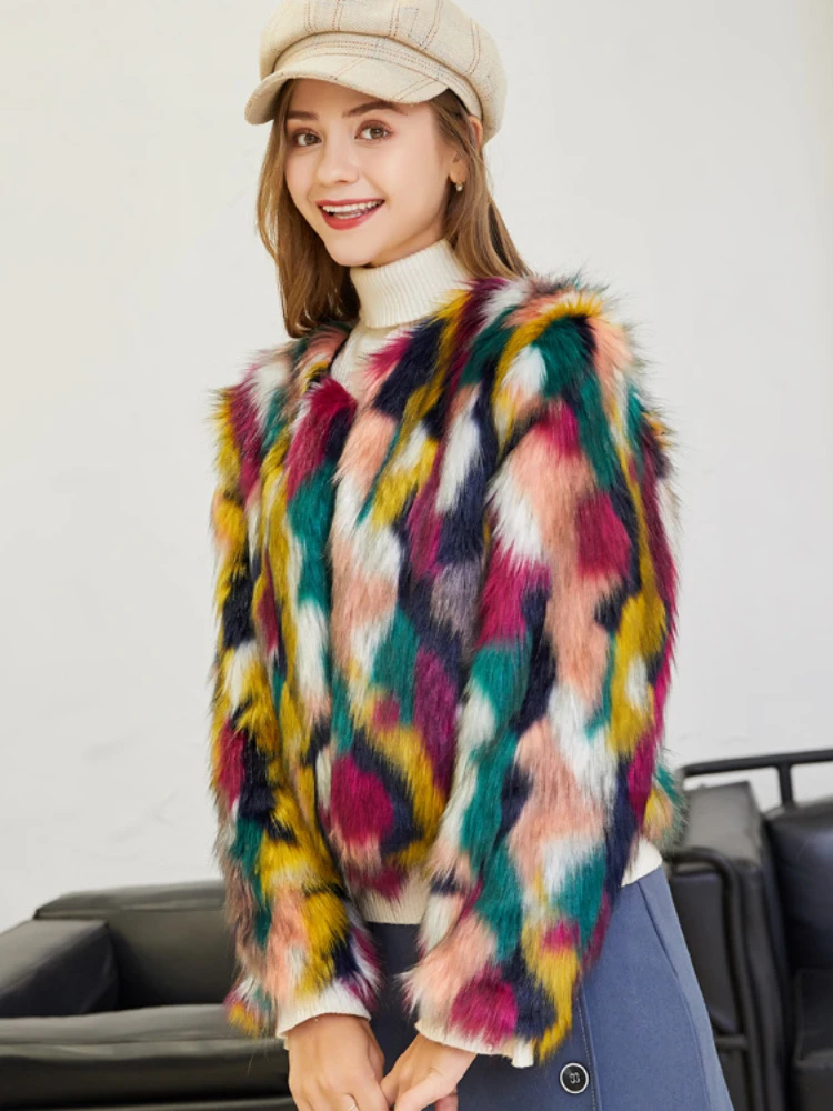 Fashion Faux Fur Colorful Fox Fur Coat Women 2022 Autumn Winter Casual Warm Short Plush Cardigan ladies High Street Outwear