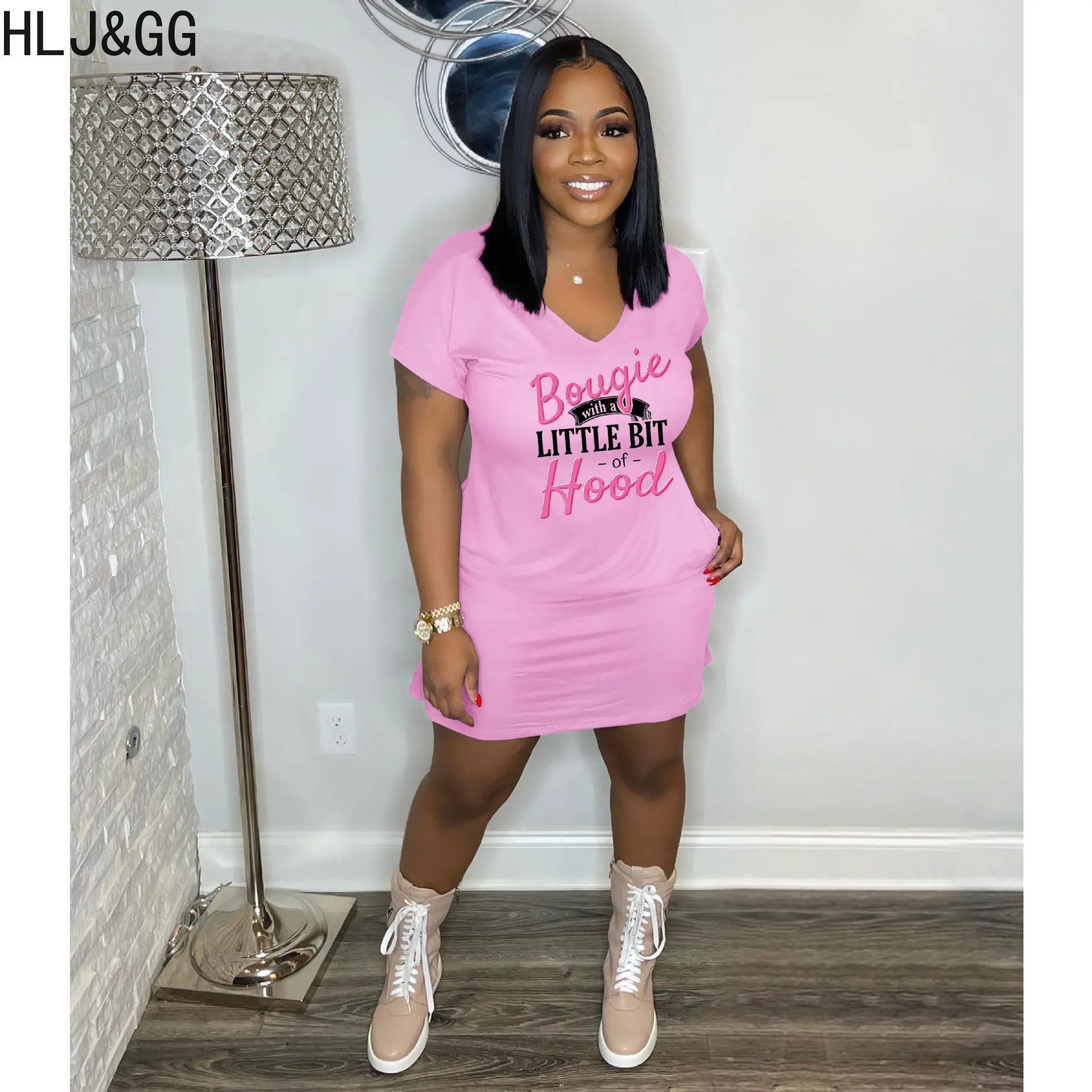 

HLJ&GG Casual Letter Print V Neck Mini Dresses Women Short Sleeve Slim Dress Spring Looer With Pocket Vestidos Female Streetwear