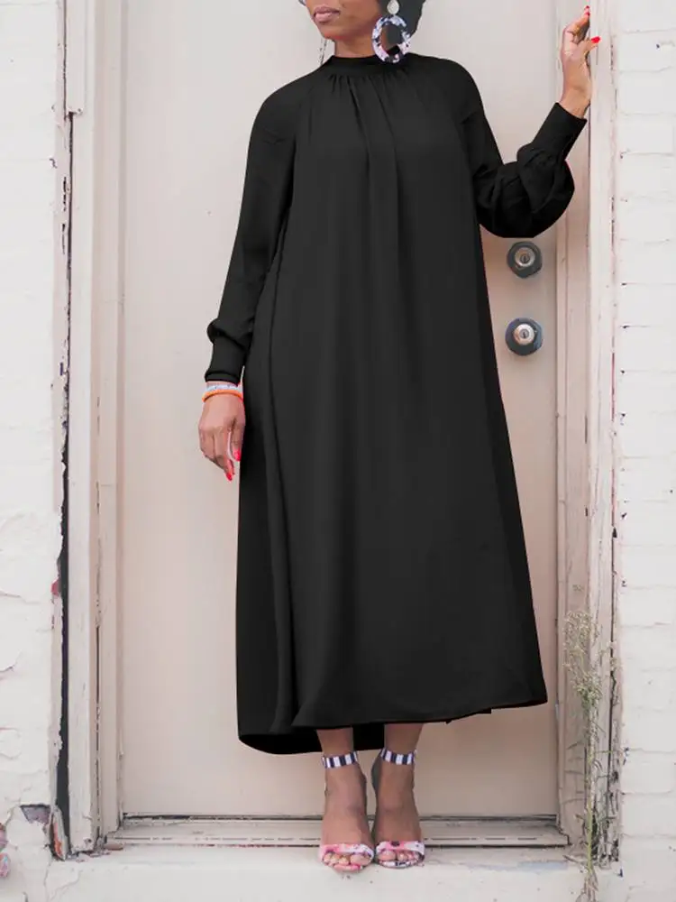 

Loose Long Sleeve Dress 2022 VONDA Elegant Women Fashion Casual Mock Neck Pleated Beach Party Dresses Solid Bohemian Vestidos
