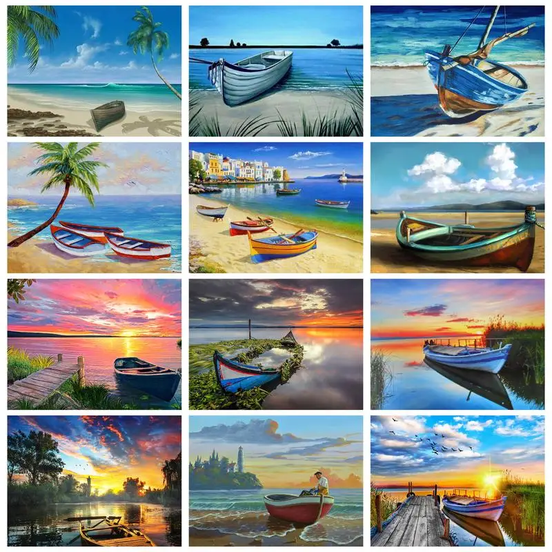 

GATYZTORY Full Round Square Diamond Painting Frame Seaside Landscape Boat Cross Stitch Mosaic Diamond Home Decors Handicrafts