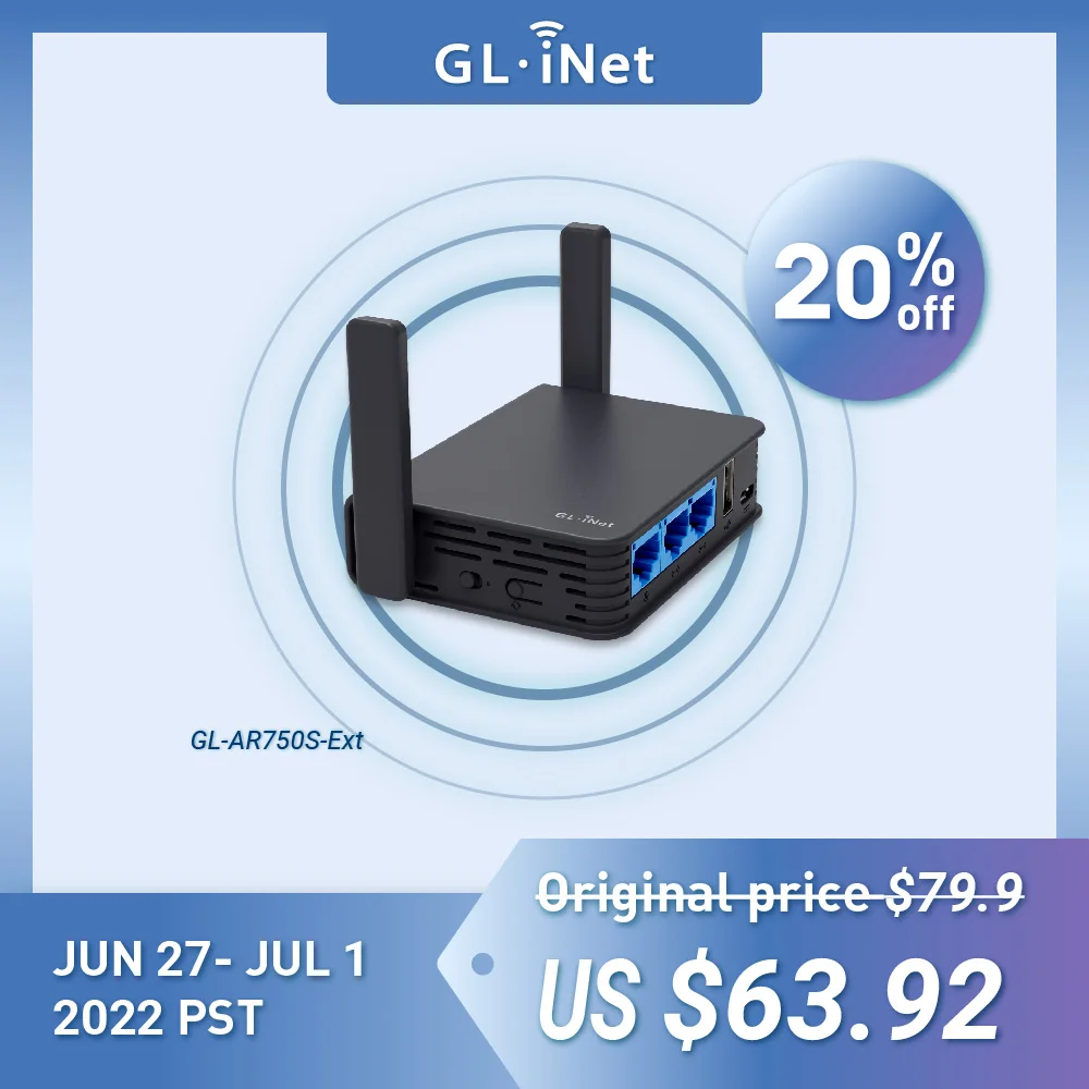

Wi-Fi-маршрутизатор GL.iNet AR750S гигабитный, 750 Мбит/с, два диапазона