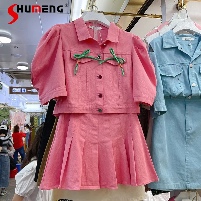 

2022 Summer New Solid Color Shirt Korean Style Niche Design Bow Short-Sleeved Denim Top + Short Pleated Skirt Two-Piece Set