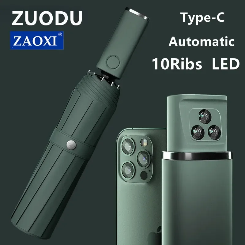 

ZUODU 10rRibs Automatic Folding Umbrella with Led Light Windproof Large Rain Umbrellas Portable Outdoor for Men Women