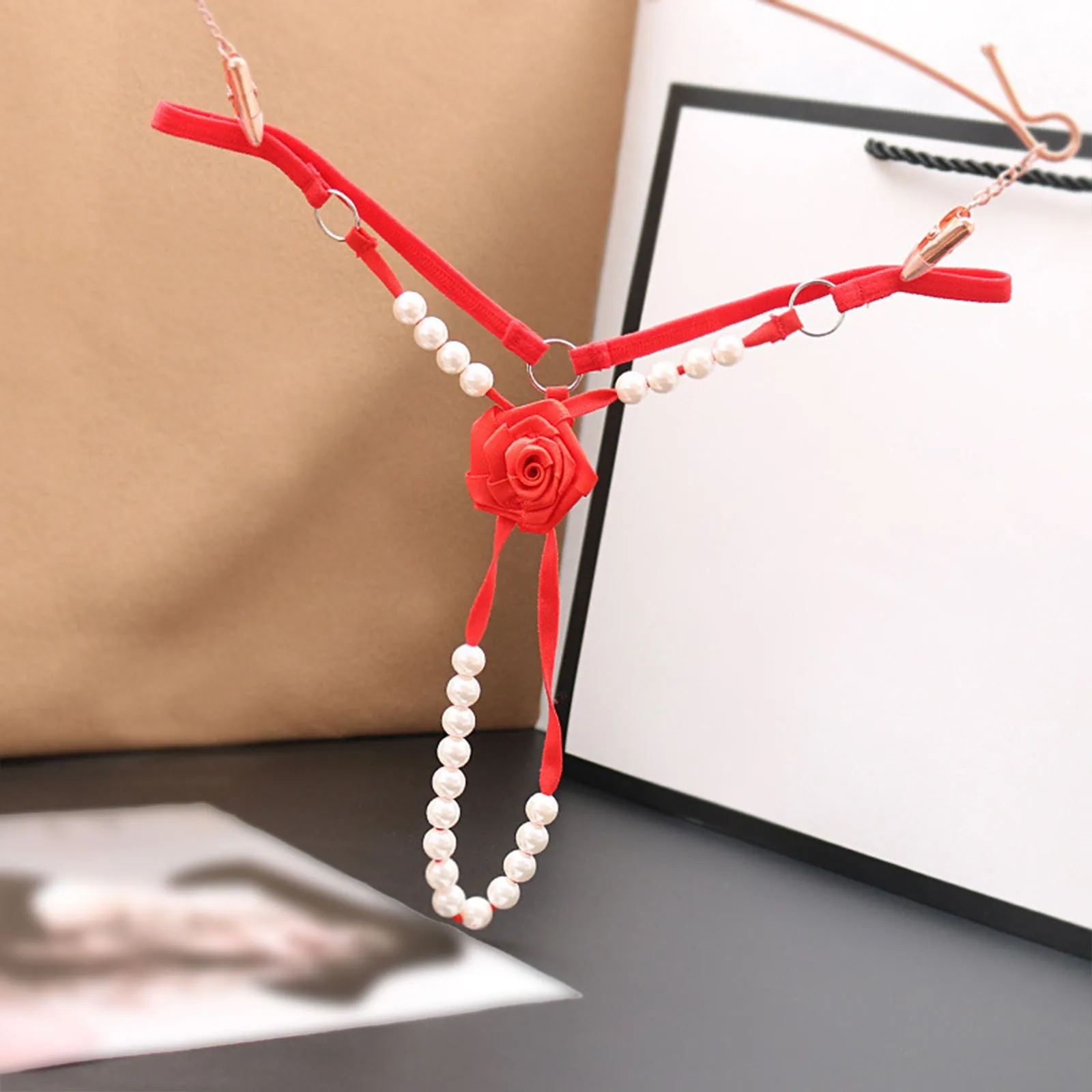 Женские кружевные сексуальные трусики с подвеской из розового жемчуга стринги и