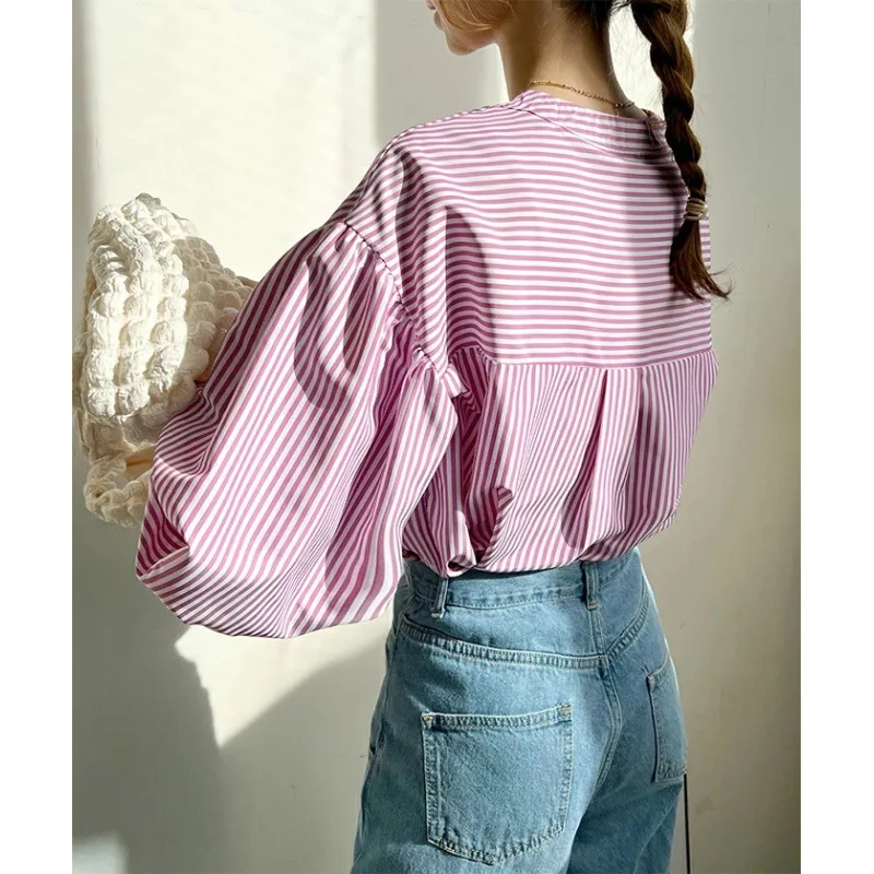 Японская летняя новая полосатая рубашка Nomikuma с пышными рукавами повседневный