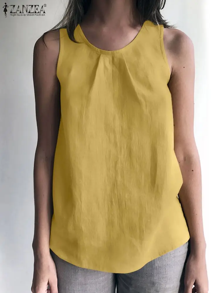 

ZANZEA Women Summer Vintage Blouse Sleeveless O-Neck Solid Cotton Thin Tops Femme Fashion Casual Elegant Party Sexy Shirt 2022
