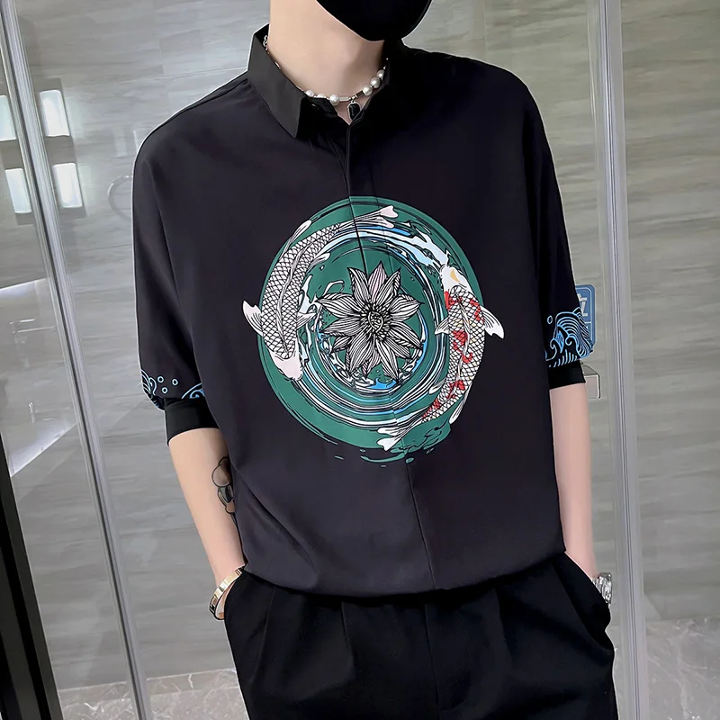 Summer Vintage Print Men Pullover Shirts Men Half Sleeve Loose Casual Shirt Streetwear Social Party Tuxedo Blouse Men Clothing