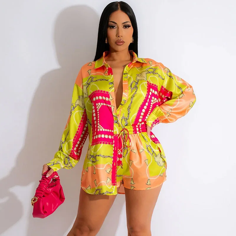 

Vintage Print Two Piece Set Women Outfit Long Sleeve Shirt Top and Shorts Streetwear Sporty Casual Matching Sets Conjunto Mujer