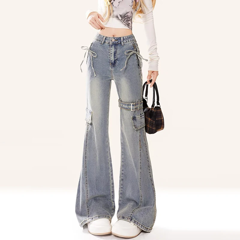 Женские брюки-карго Goblin Core Harajuku Bell Bottoms Gyaru с низкой посадкой в стиле гранж Y2k