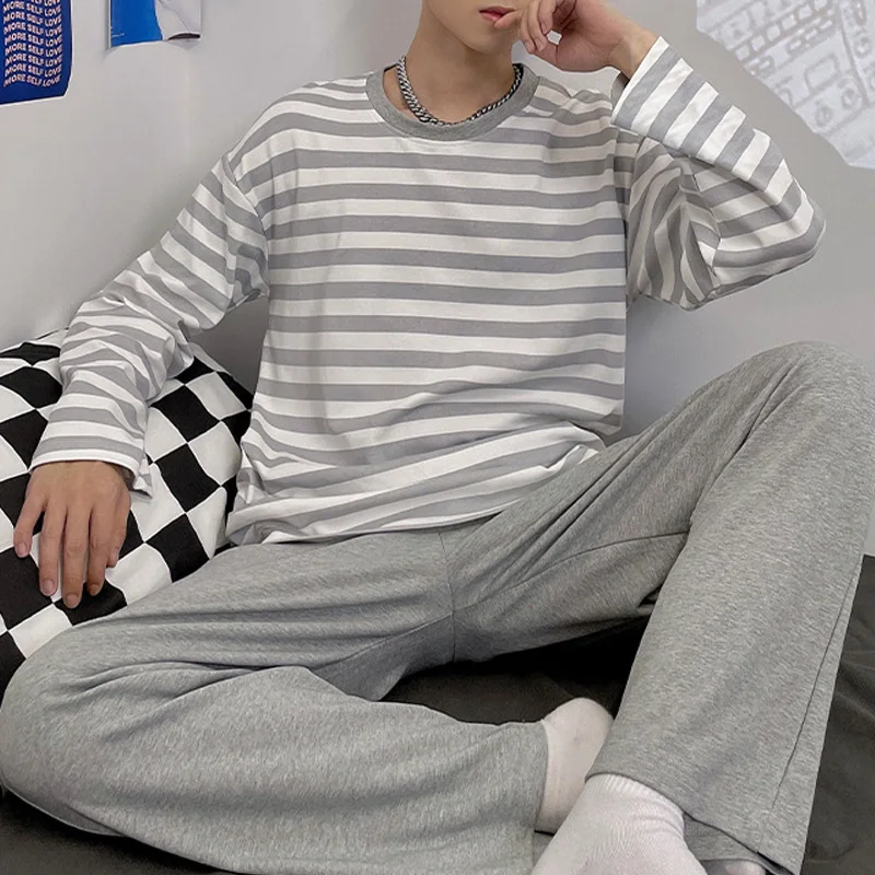 

Пижамный комплект мужской в полоску, одежда для сна с эластичным поясом, мягкая ночная рубашка с длинным рукавом, домашняя одежда, осень-зим...