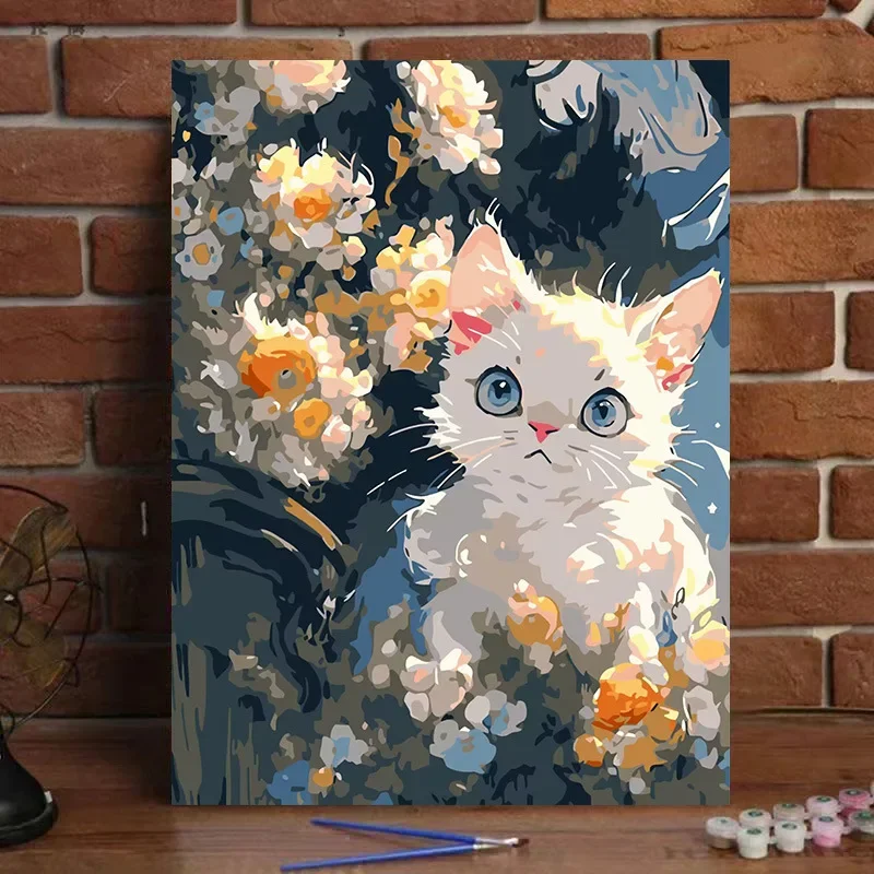 

DIY Paint By Numbers Garden Kitten Digital Oil Painting for Adult and Kids Ready Frame
