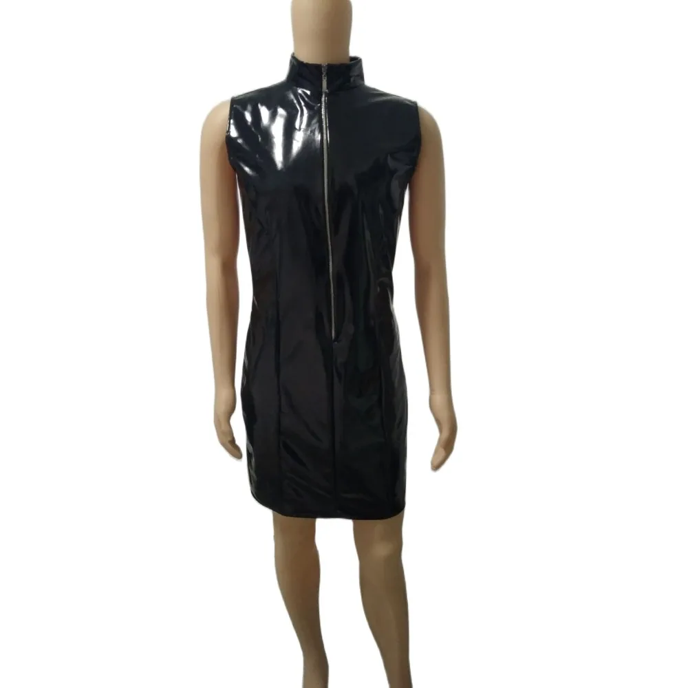 

New Womens pvc faux Patent Leather Wetlook Dress Stand Collar Front Zipper Slim Fit Reflective Night Party Clubwear Performance