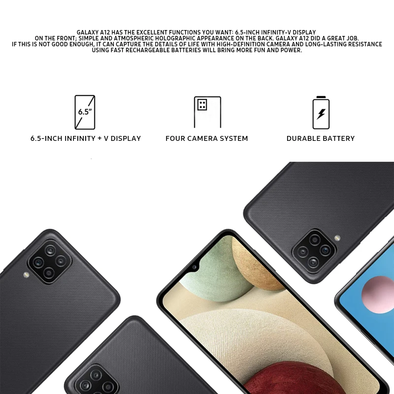 samsung galaxy a12 a125f 6 5 4gb ram 64gb rom cell phone camera 48mp fast charger dual sim android smartphones global version free global shipping
