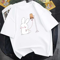 cute rabbit and milk tea cartoon printed cotton short sleeved summer new round neck unisex t shirt european size loose top