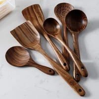 7pcsset teak natural wood tableware spoon ladle turner rice colander soup skimmer cooking spoon scoop kitchen reusable tool kit