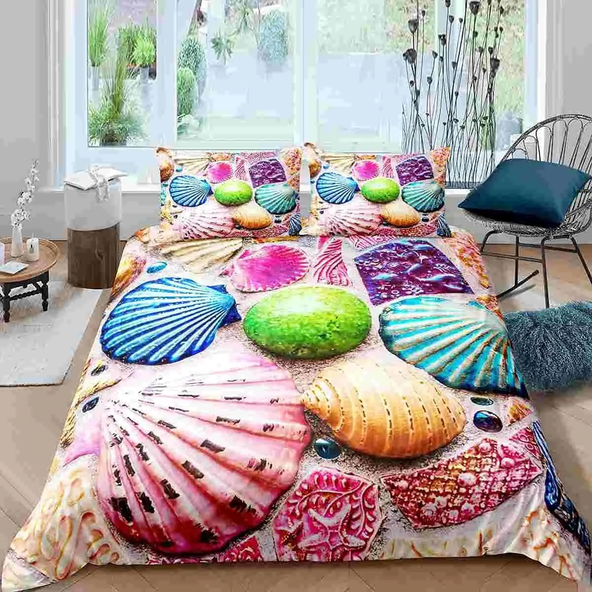 

Shell Duvet Cover Microfiber 2/3 Pcs Marine Life Theme Double Queen King Quilt Cover Hawaii Tropical Landscape Shell Bedding Set