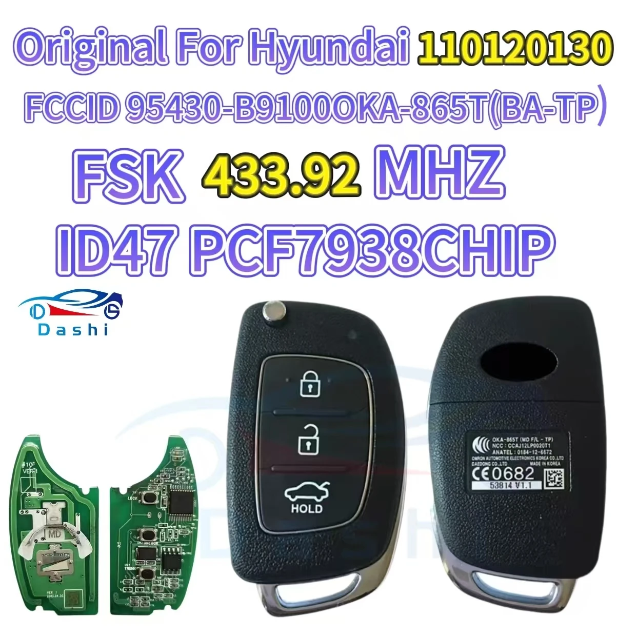 Фото Dashi для Hyundai Elantra 2012-2015, оригинальный откидной ключ, оригинальный ключ CN 020077   FCC:95430-B9100 OKA-865T (BA –TP) ID47CHIP 433 МГц №1