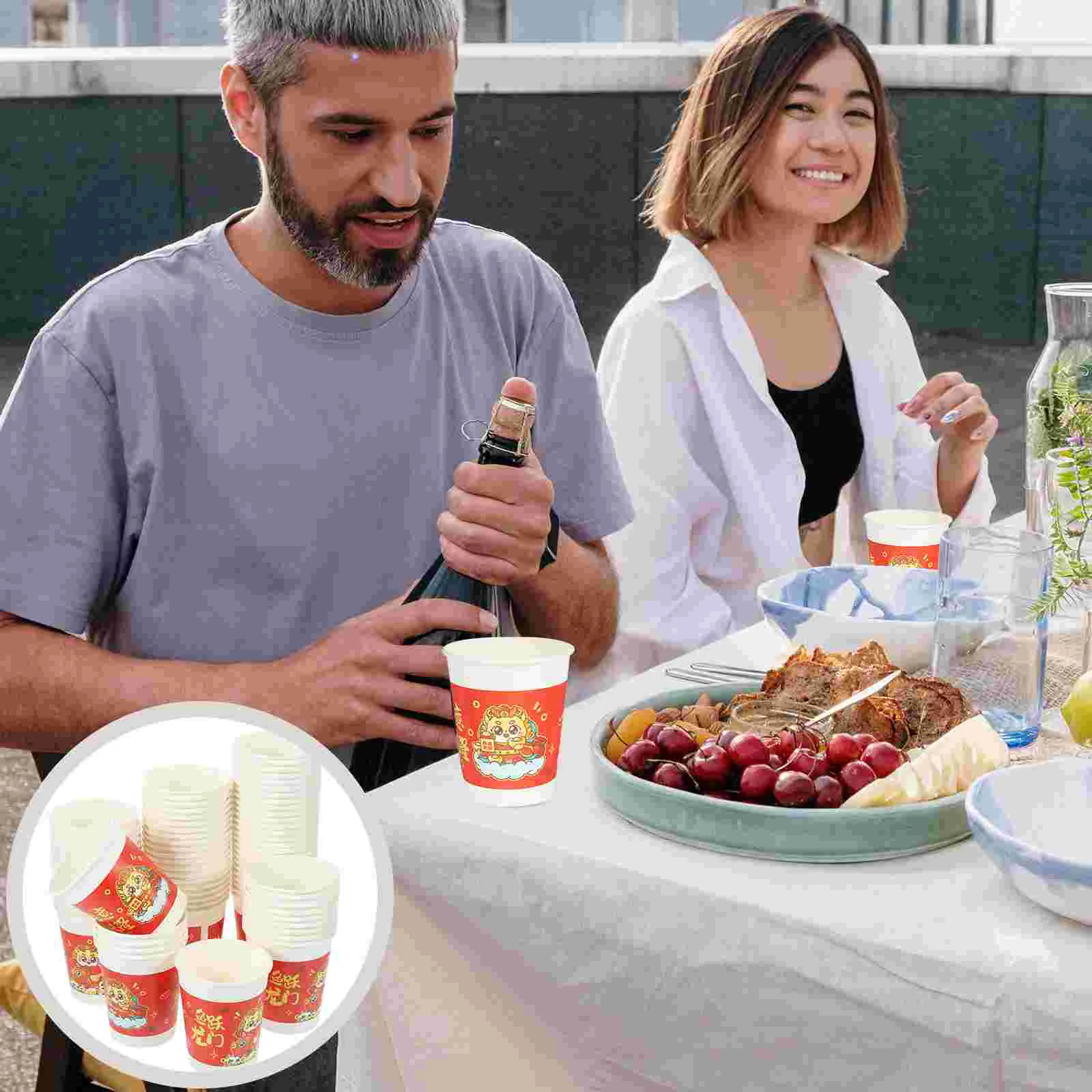 

100Pcs New Year Paper Cups Disposable Drinking Cups Year of Dragon Coffee Milk Cups