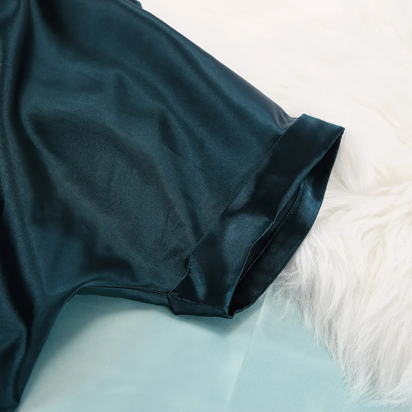 Green Color Soft Silky Satin Women Pajamas Summer Breathable Fashion Sleepwear Homewear Round Neck 2pcs Set Pijamas For Lady