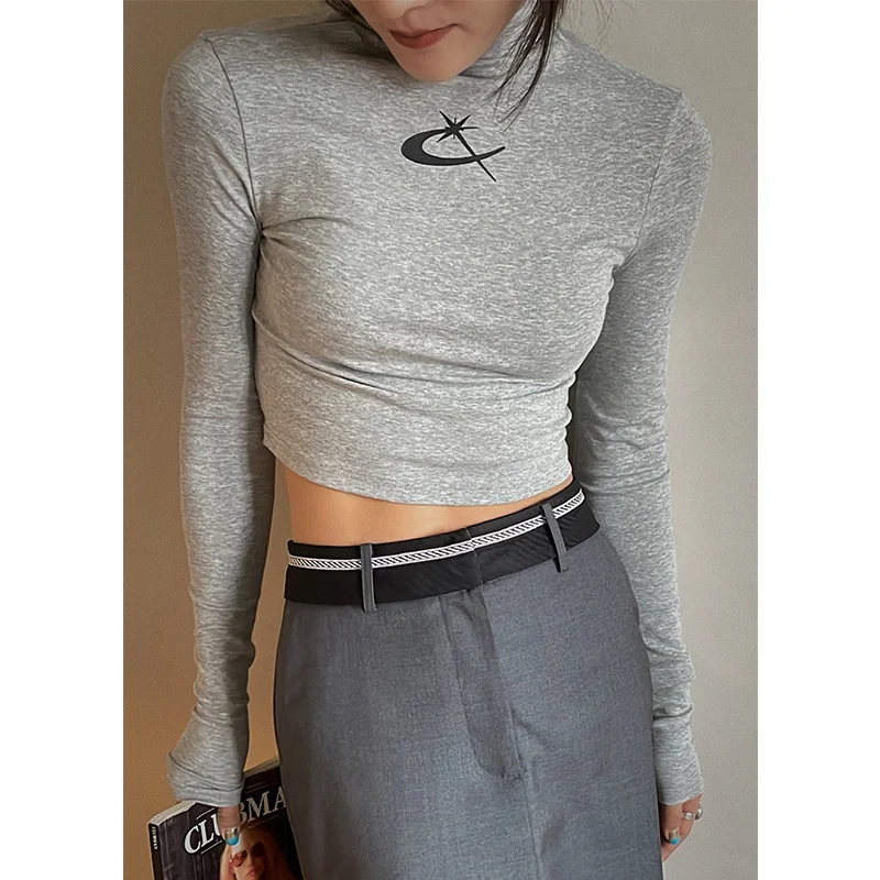 

2022 Autumn Half Turtleneck Women Long Sleeve T-shirt Street Print Slim Fit High Waist Short Stretch Tops Bottoming T-shirts