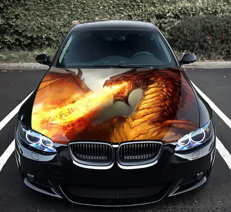 

Виниловая наклейка на капот автомобиля fire dragon, полноцветная графическая наклейка, подходит для любого автомобиля