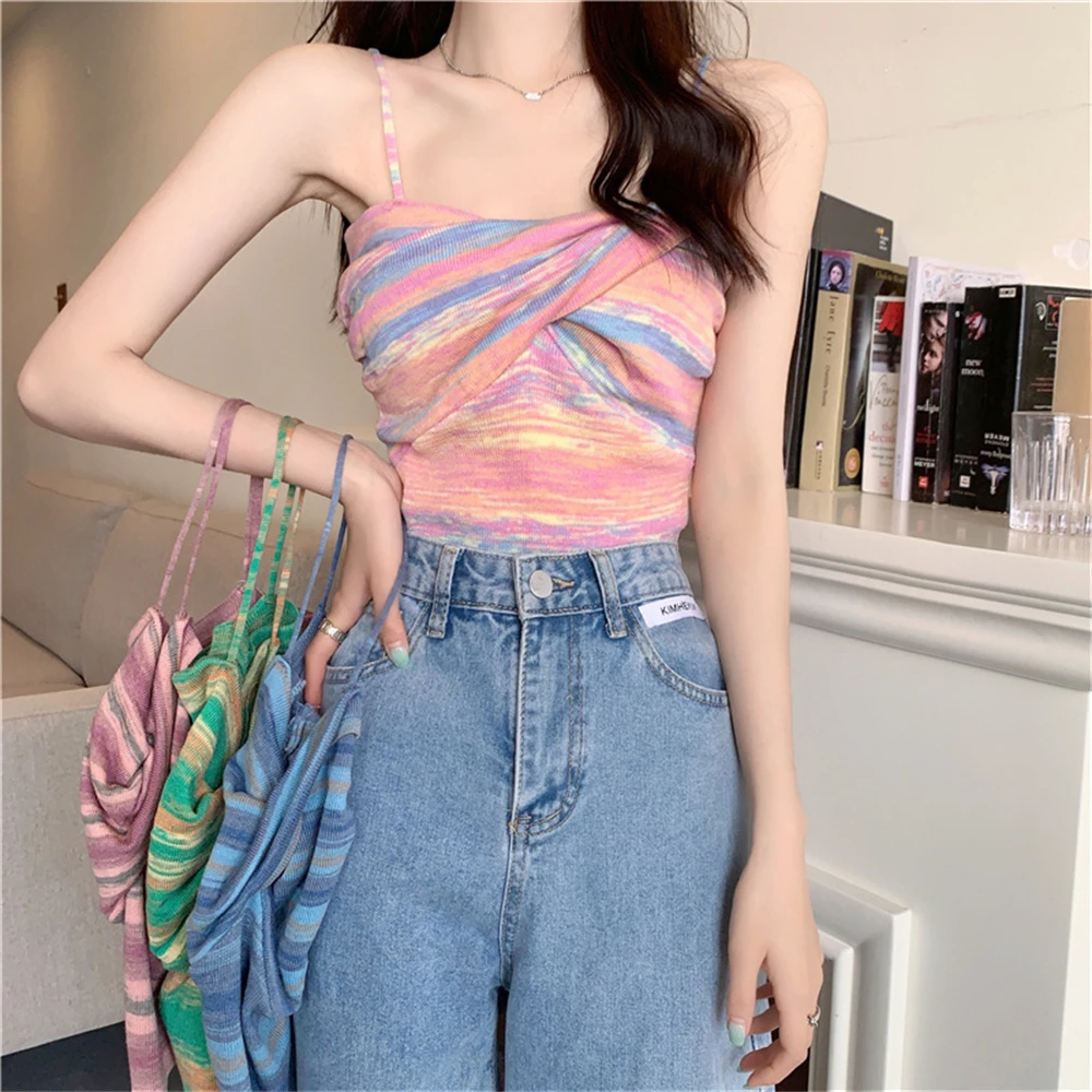 

Women's Knit Striped Camisole Summer Contrast Color Bow Twisted Tank Top Female Sexy Y2k Slim Sleeveless Inner Tops Streetwear