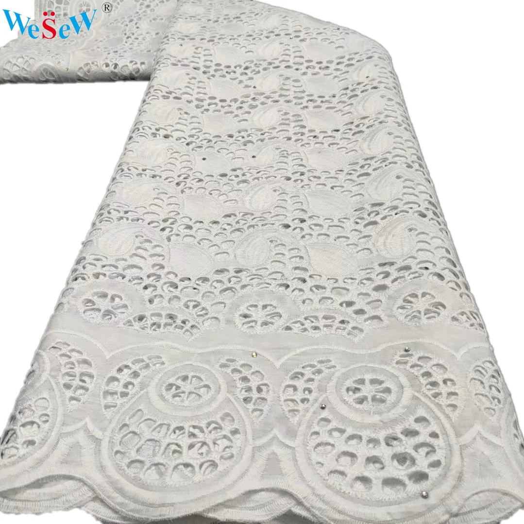

5 Yards 2022 Embroidered Swiss Voile Lace Cotton African Mesh Lace Fabric with Stone for Party/Wedding Dress by Yards BTYC18
