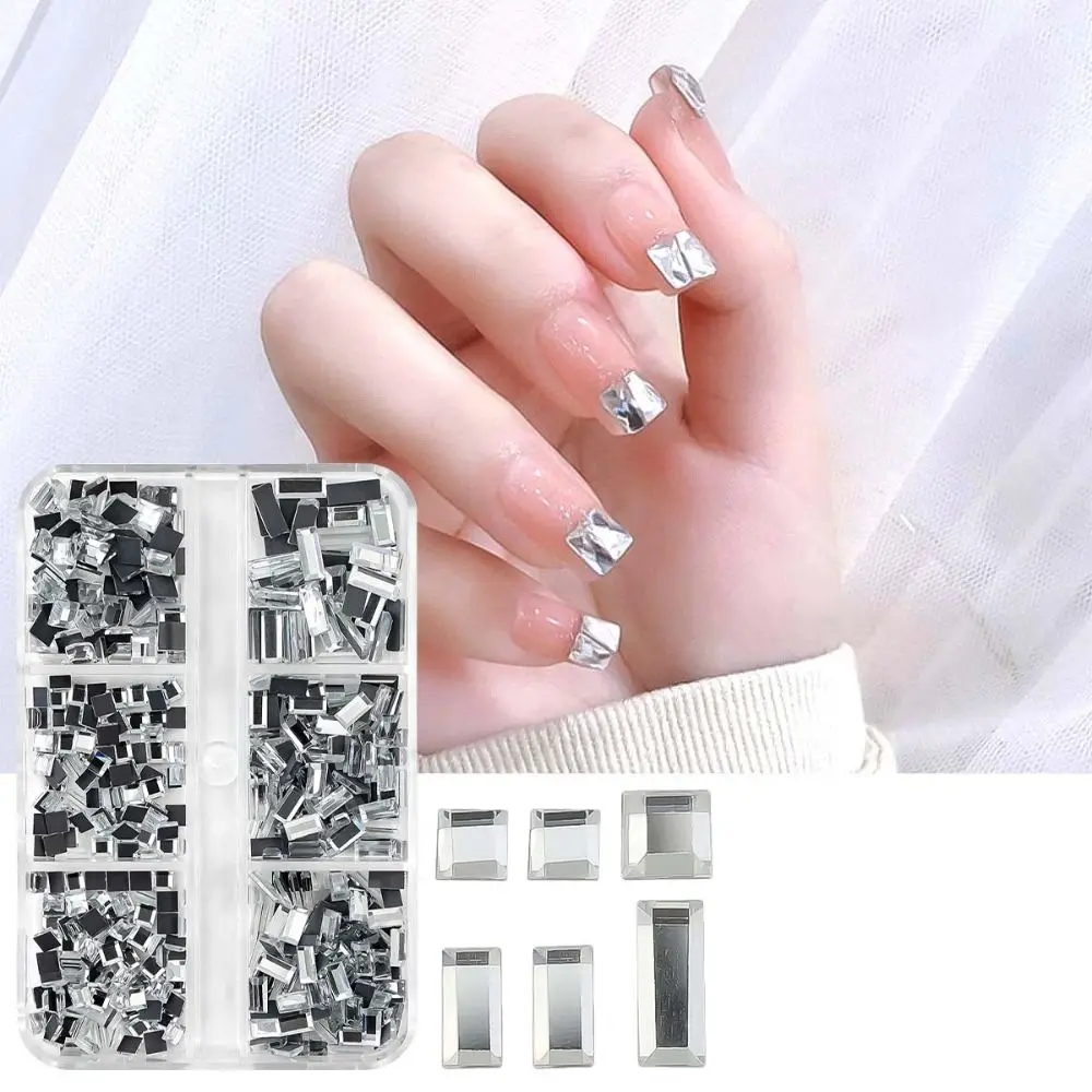

6Grids Nail Drills Rectangle Round Nail Rhinestones Crystal AB DIY Nail Art Decorations Manicure Tools Accessories