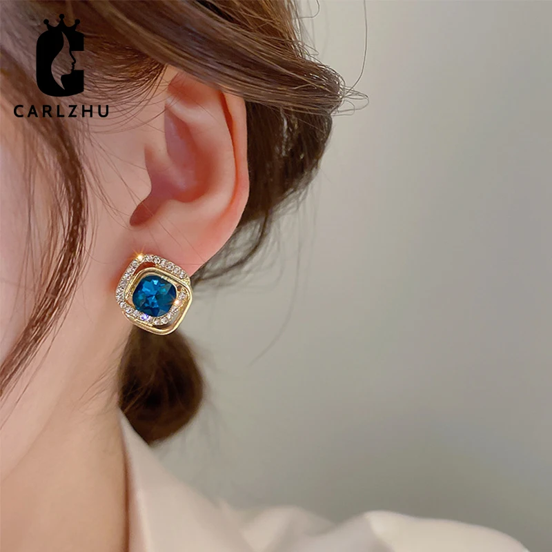 

Blue Crystal Rhinestone Double-layer Square Stud Earrings Fashion Temperament Exaggerated Wedding Party Elegant Jewelry