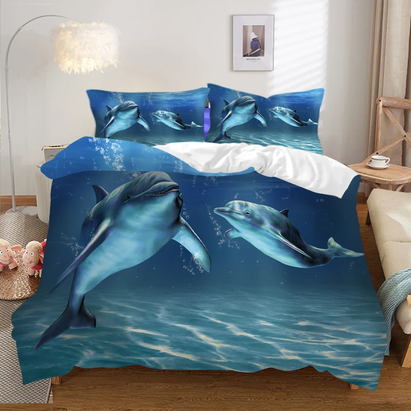 

Dolphin Puppy Picture Animal Pattern Bed Sheet and Quilt Set Comes In A Wide Range of Sizes and Styles King Size Bedding Set