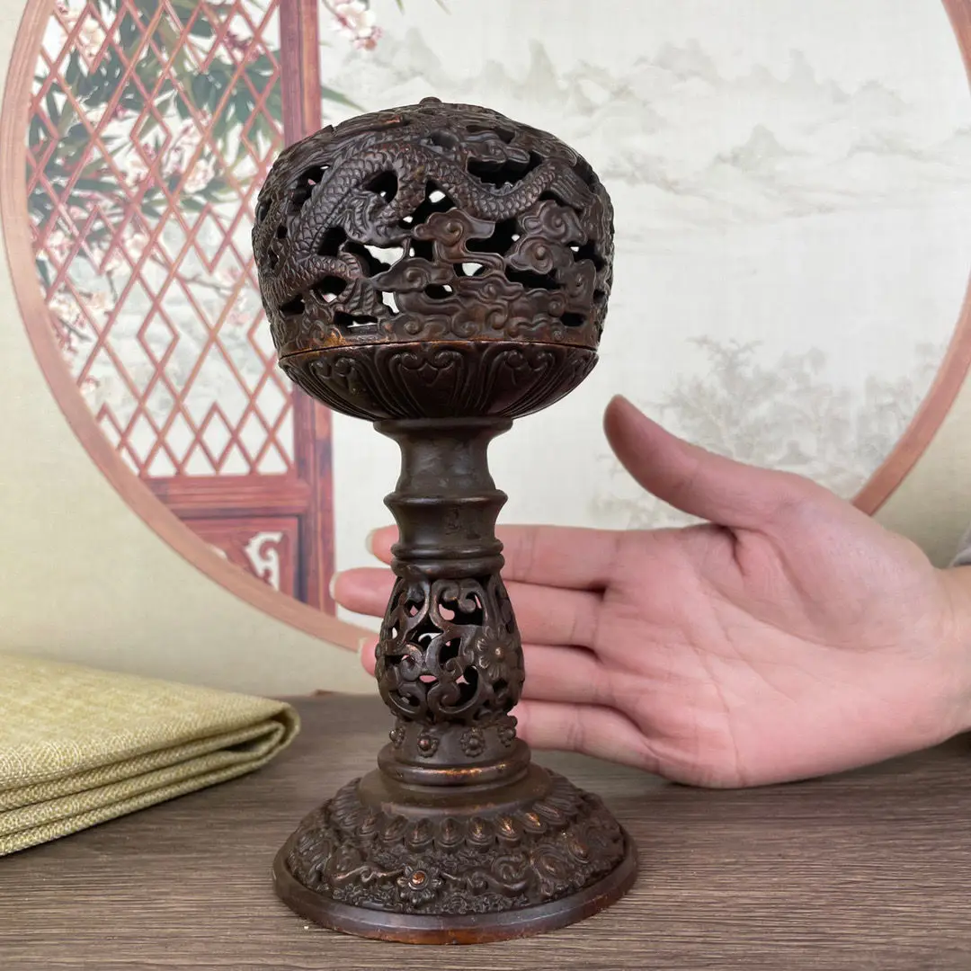 Античная Медная полая курильница Sugong двойной дракон медная с высокой ногой