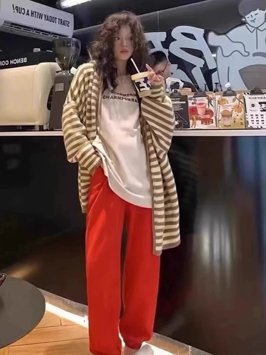 Extra Large 50.00kg Contrast Color Stripe Hood Sweater Women Autumn and Winter Loose Idle Sle Casual Cardigan Knitted Oute...