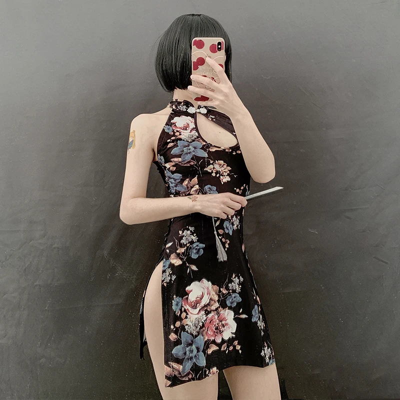 

Flirting with Men Embroidery Cheongsam Short Dresses Women Traditional Vietnam Ao Dai Uniforms Party Uniform Sexy Lingerie