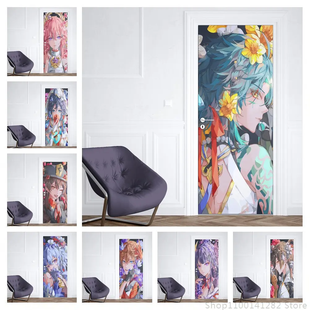 

Door Sticker Porte Genshin Impact Game Decoration Door wallpaper Wall Decals PVC Anime Figure Poster Art Gift Hutao Xiao ZhongLi