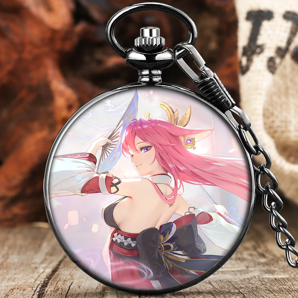 

Beautiful Girl Pattern Anime Black Pocket Watches White Arabic Numerals Dial Quartz Pocket Watch Fashion Pendant Clock Gifts Fan