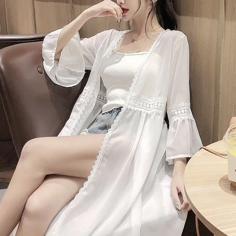 

Women Loose Solid Sun Protection Shirt Spring Summer Casual Boho Chiffon Coat Shawl Kimono Cardigan Tops White Blouse Femme E82