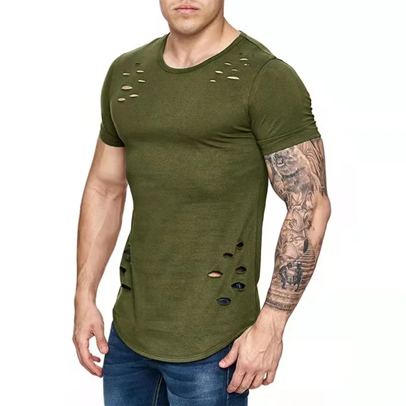 

Men T-Shirt Casual Gym Sport Muscle Bodybuilding Fitness Weight Training Solid Top Hole Ripped Cotton T Shirts Male Streetwear