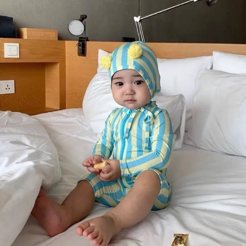 

New Girls Swimwear For Children Swimsuit Cap Kids Baby Boys Sunscreen Long Sleeve Swimsets Toddler Girl Letter Stripe Bikini