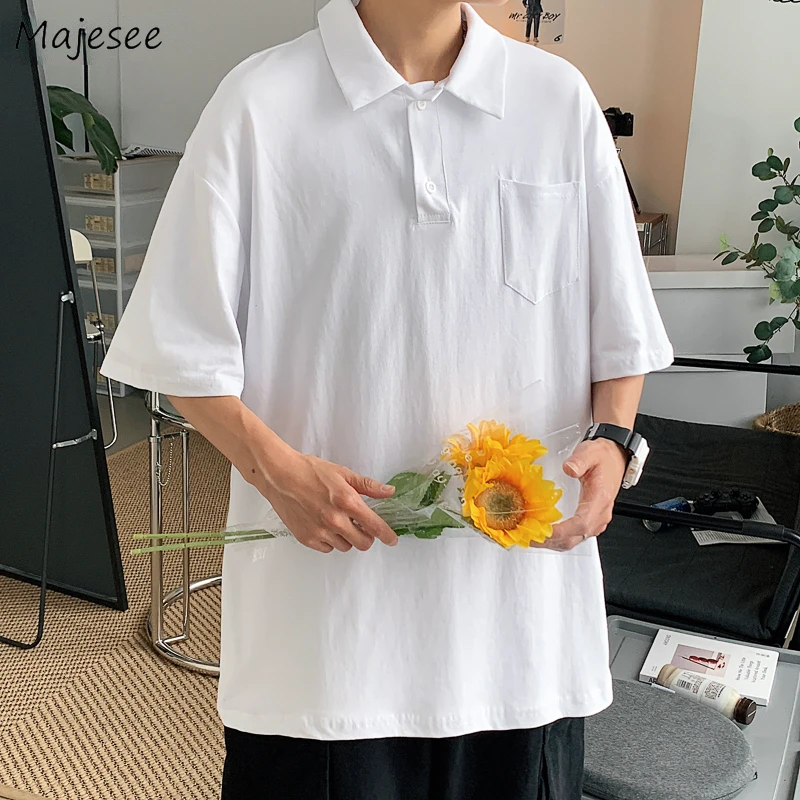 

Мужские футболки для студентов и подростков Ulzzang универсальная модная уличная одежда чистого цвета с отложным воротником популярный краси...