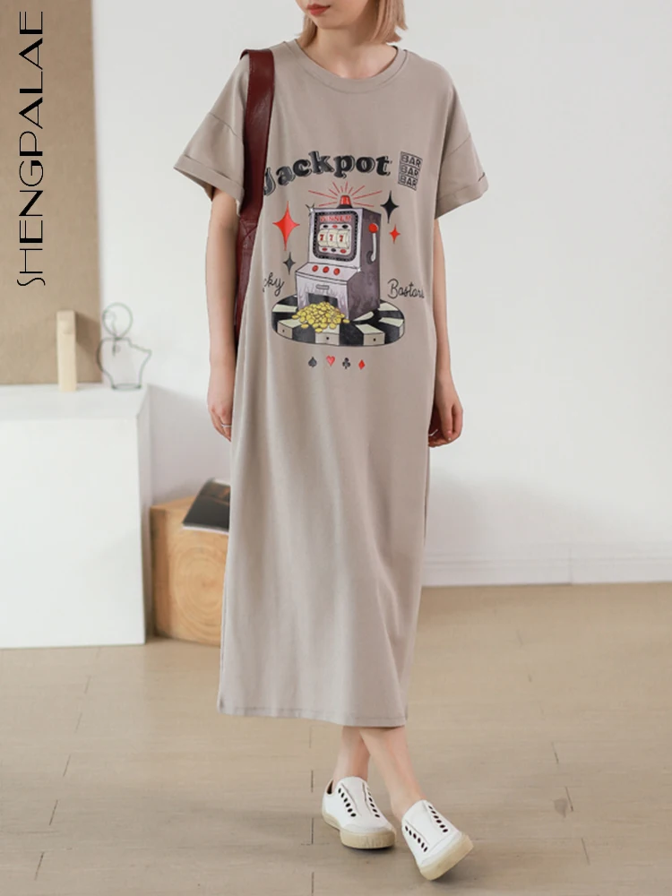 

SHENGPALAE Fashion Women's T-shirt Dress Letter Cartoon Printed Round Neck Short Sleeve Casual Loose Robe Summer 2023 New 5R4902