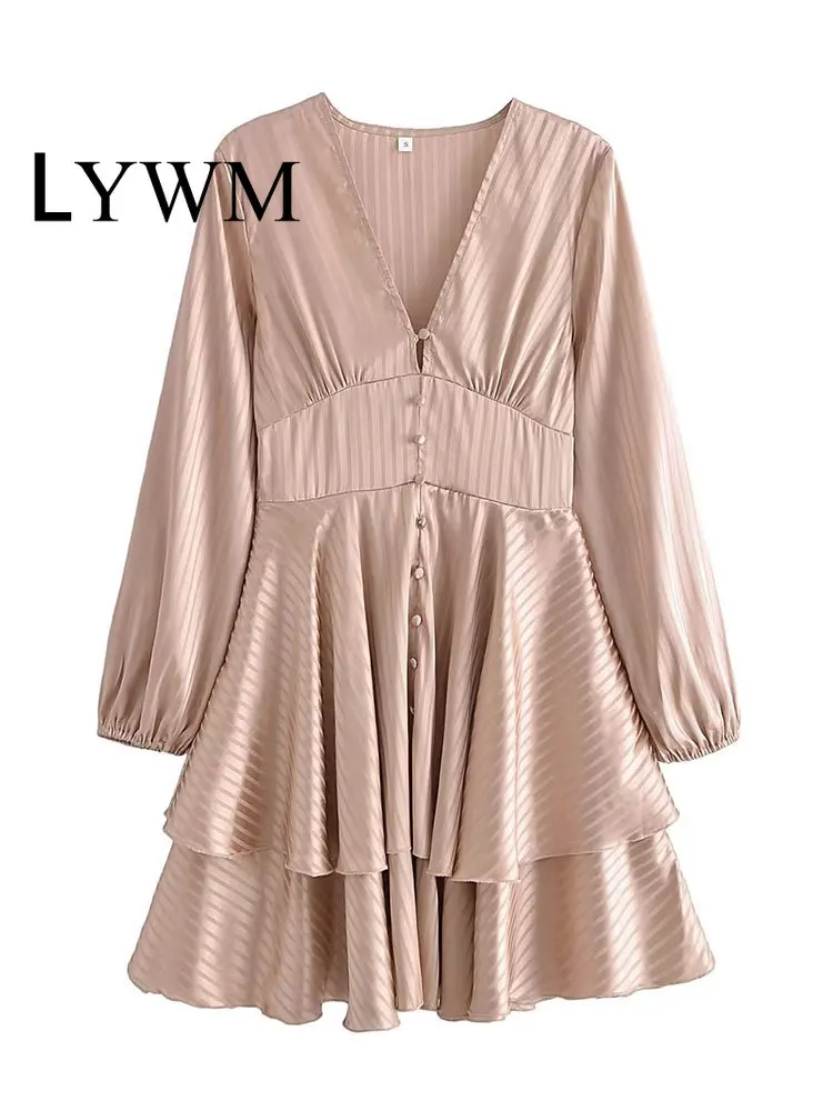 

LYWM Women Fashion Stripe Khaki Mini Dress Vintage V-Neck Single Breasted Side Zipper Long Sleeves Female Chic Lady Dresses