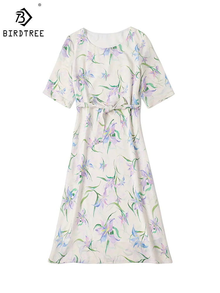 Birdtree Elegant Silk Dress Women O-Neck Half Sleeve Waist Lace-up Bodycon Dress A-line Printing Mulberry Silk Dress D36532QM