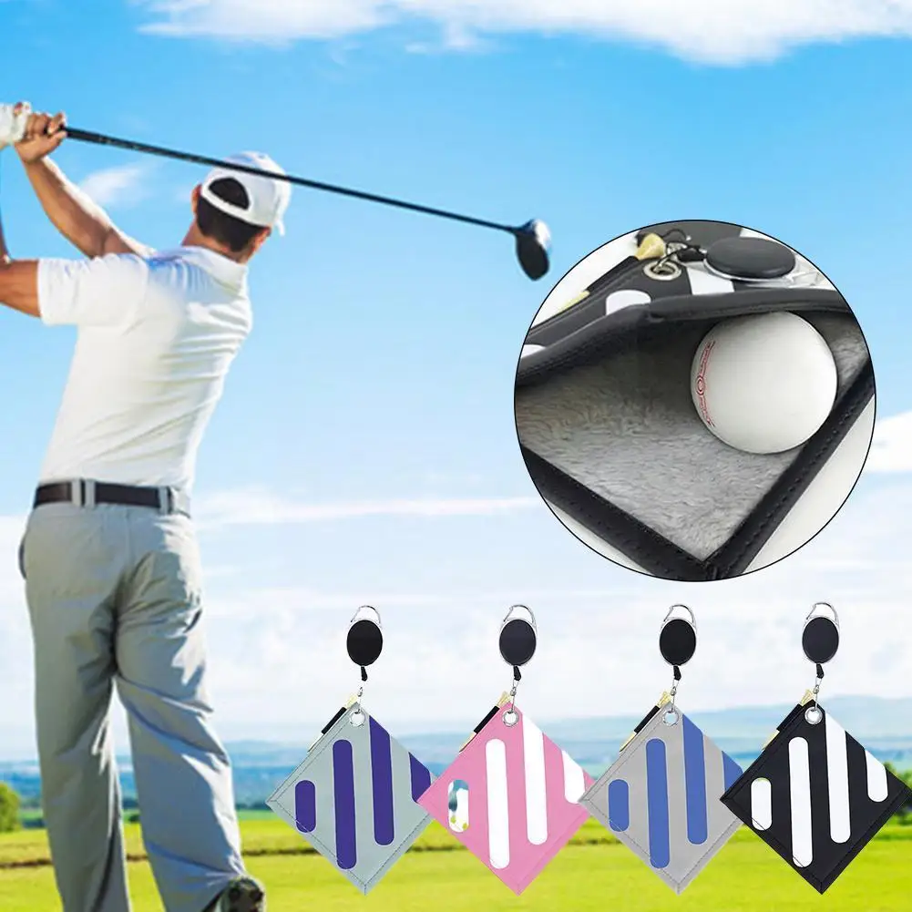 

Golf Ball Cleaning Towel Square With Retractable Keychain Ball Head Cleaner Golf Double-Sided Pu Velvet Buckle Wiping Cloth H5N6